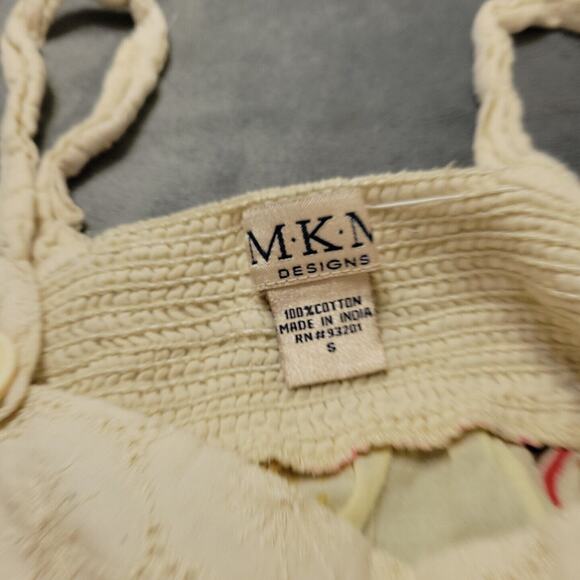 MKM Shirt Womens Small Pink Patchwork Strap Tank Top Beige Smocked Back Button - Picture 6 of 11